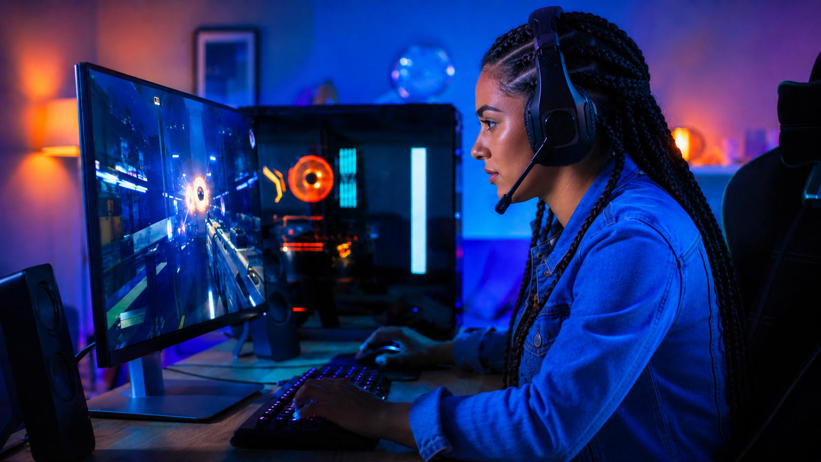 A gaming setup with neon-lit keyboard and monitors