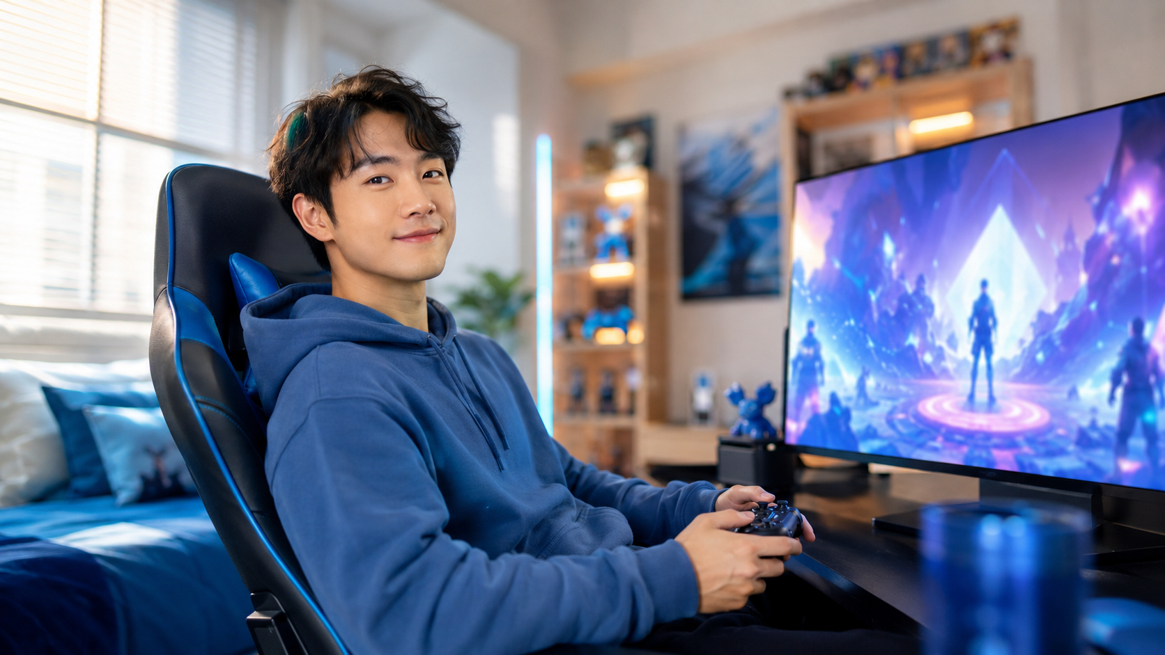 A gaming setup with neon-lit keyboard and monitors