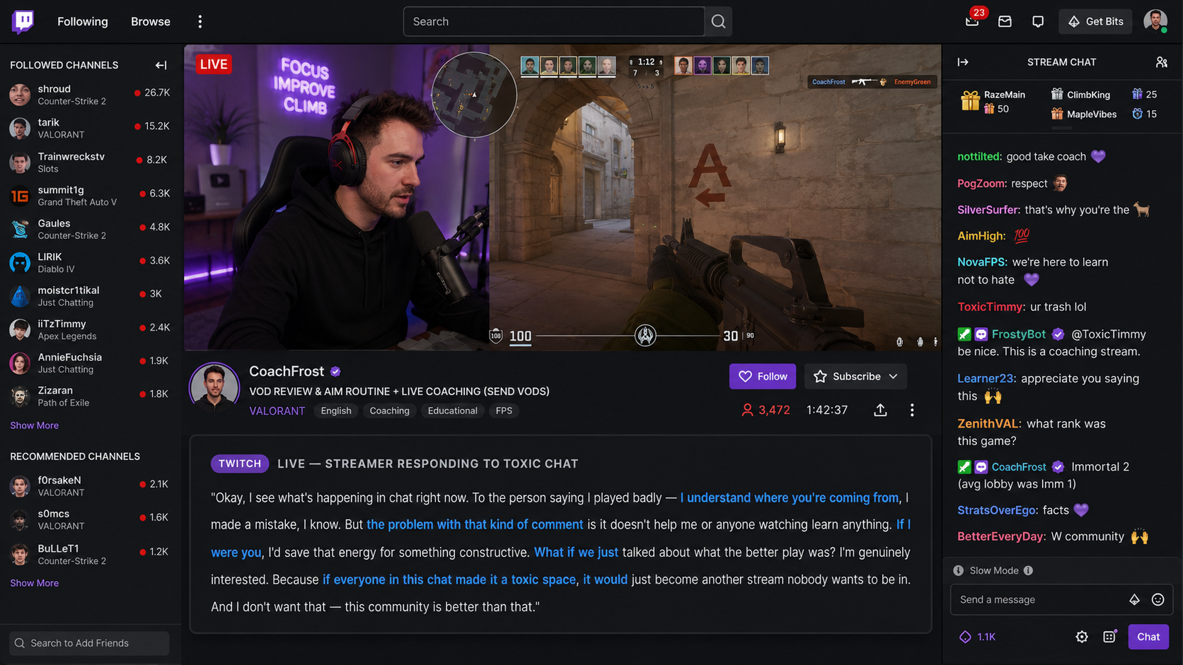 Twitch streamer responding to toxic chat
